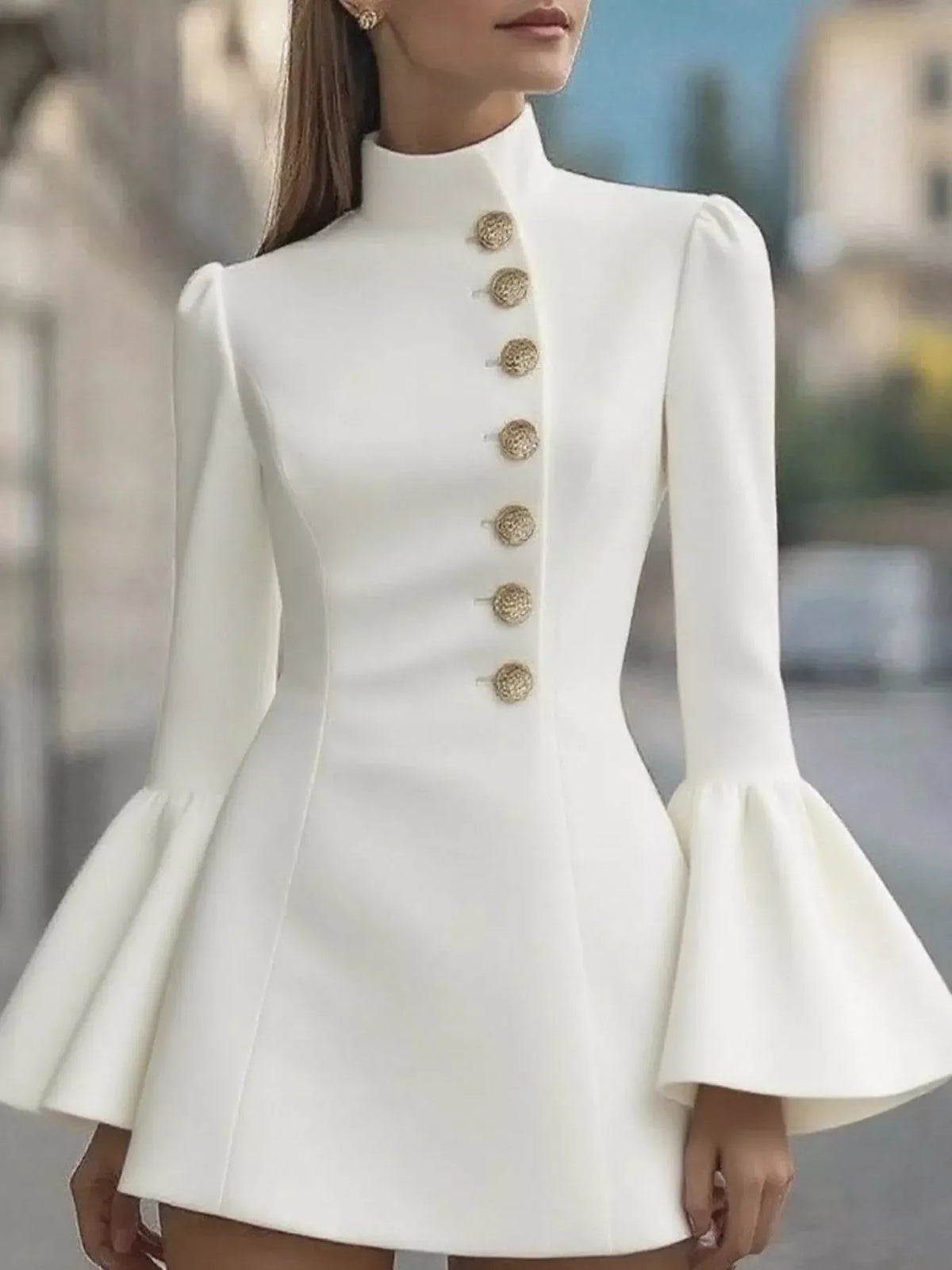 Trendsi White / S Bell Sleeve Mini Dress with Front Button 100100787881432 Bell Sleeve Mini Dress with Front Button Apparel & Accessories > Clothing > Dresses