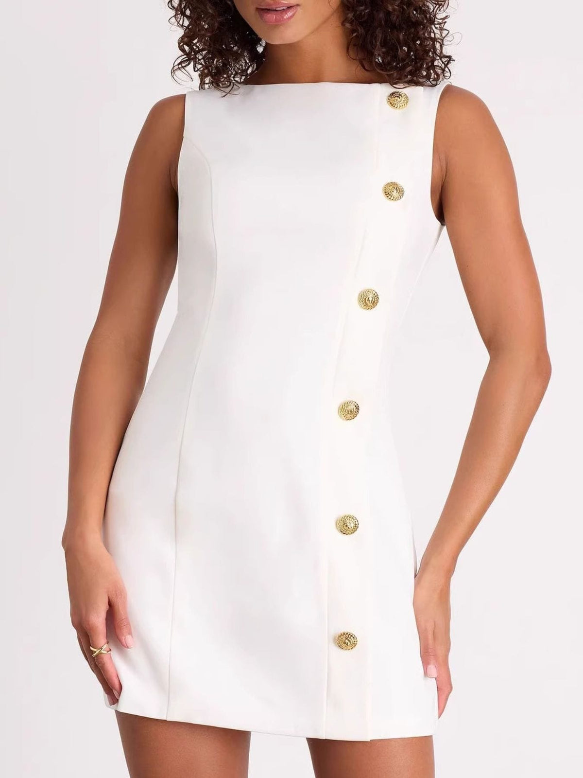Trendsi White / S Button Decor Sleeveless Mini Dress 100100230788911 Button Decor Sleeveless Mini Dress Apparel & Accessories > Clothing > Dresses