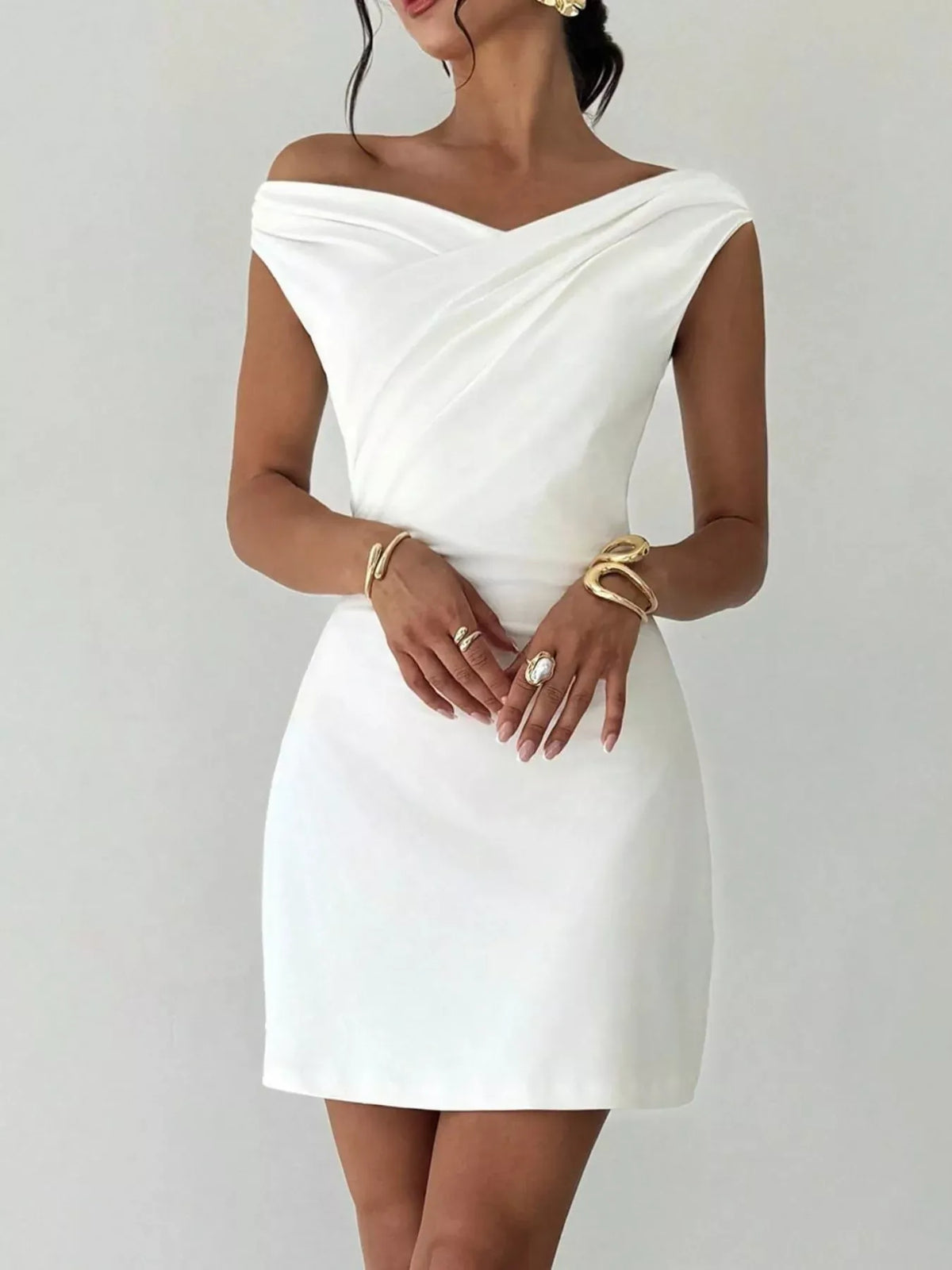 Trendsi White / S Elegant Off-Shoulder Draped Mini Dress 100100695688082 Elegant Off-Shoulder Draped Mini Dress Apparel & Accessories > Clothing > Dresses