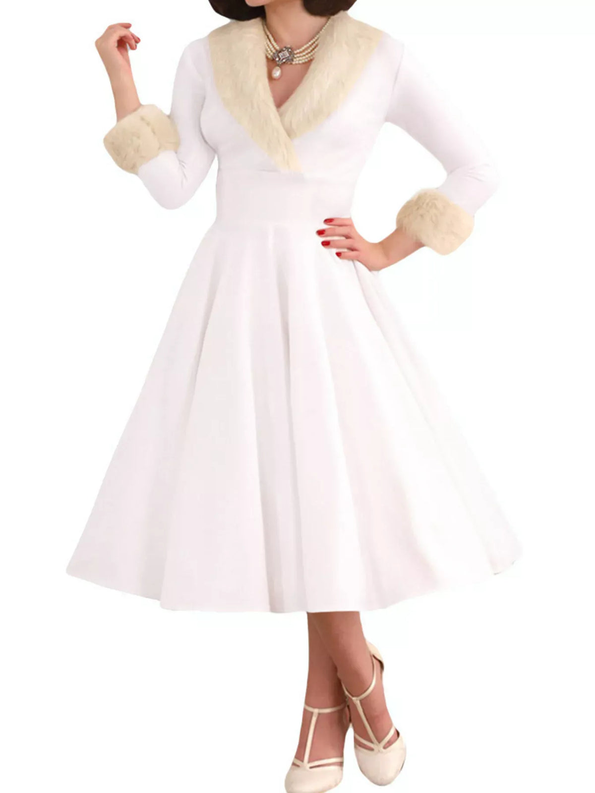Trendsi White / S Faux Fur Trim Christmas Dress 100100779072548 Faux Fur Trim Christmas Dress Apparel & Accessories > Clothing > Dresses