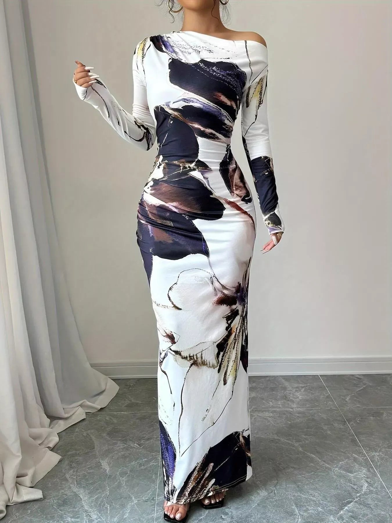 Trendsi White / S Floral One Shoulder Long Sleeve Maxi Dress 100100484231591 Floral One Shoulder Long Sleeve Maxi Dress Apparel & Accessories > Clothing > Dresses