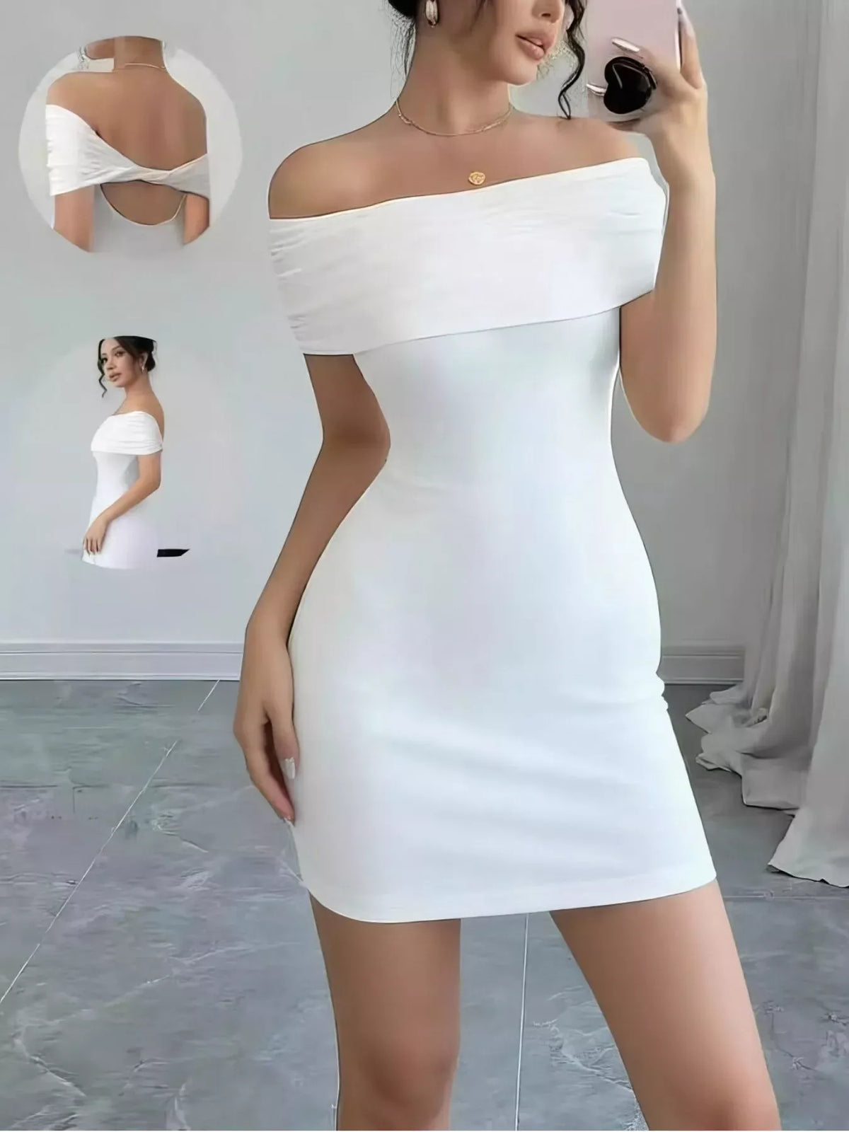Trendsi White / S Off-Shoulder Bodycon Mini Dress 100100321090811 Off-Shoulder Bodycon Mini Dress Apparel & Accessories > Clothing > Dresses