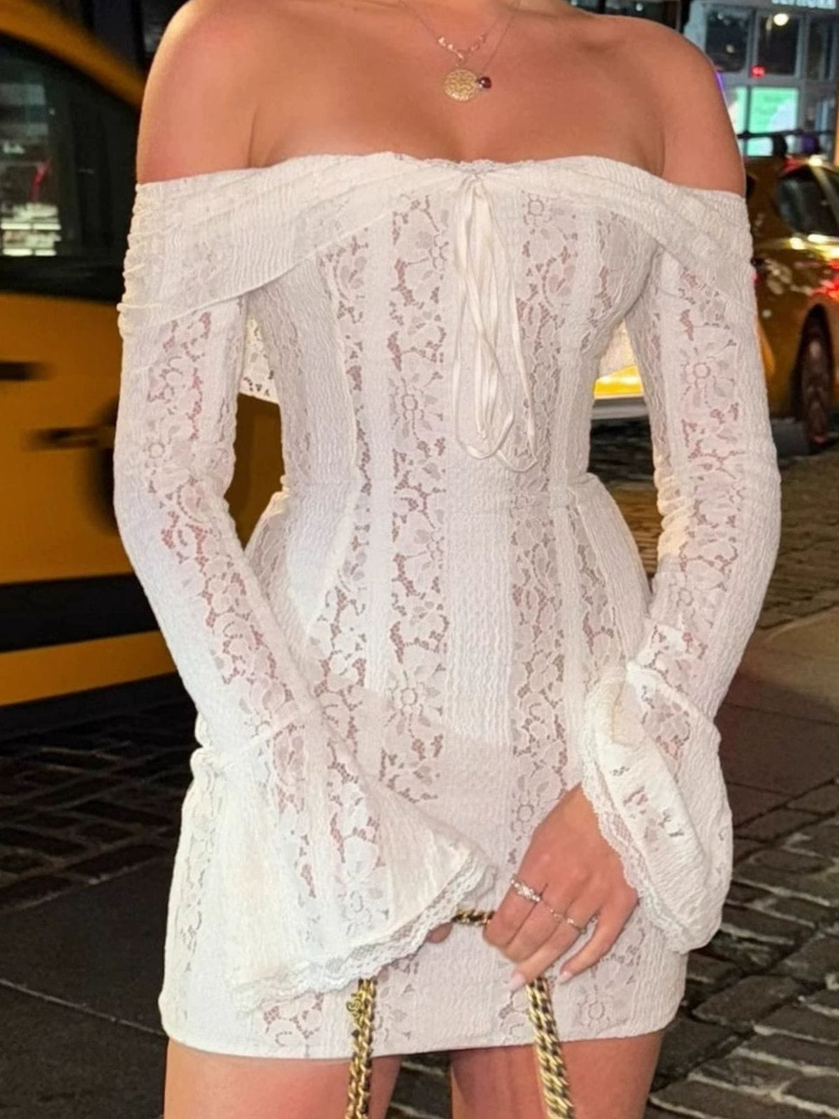 Trendsi White / S Off-Shoulder Lace Mini Dress 100100948386154 Off-Shoulder Lace Mini Dress Apparel & Accessories > Clothing > Dresses