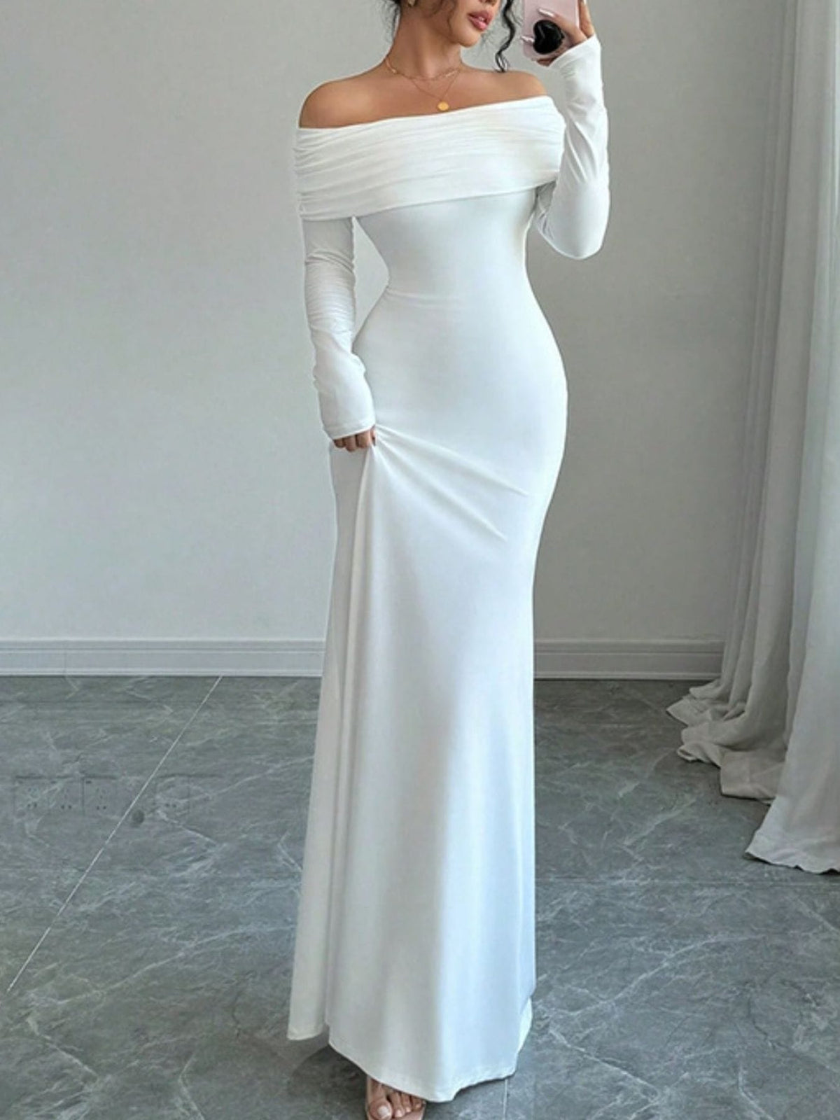 Trendsi White / S Off-Shoulder Long Sleeve Bodycon Maxi Dress 100100334426527 Off-Shoulder Long Sleeve Bodycon Maxi Dress Apparel & Accessories > Clothing > Dresses