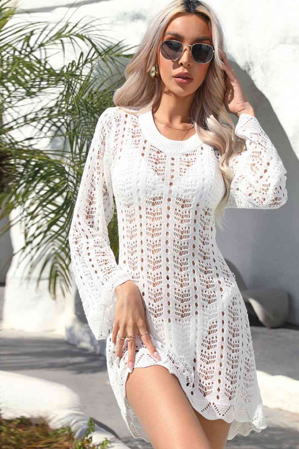 Trendsi White / S Openwork Scalloped Trim Long Sleeve Cover-Up Dress 100100252151123 Apparel &amp; Accessories &gt; Clothing &gt; Dresses