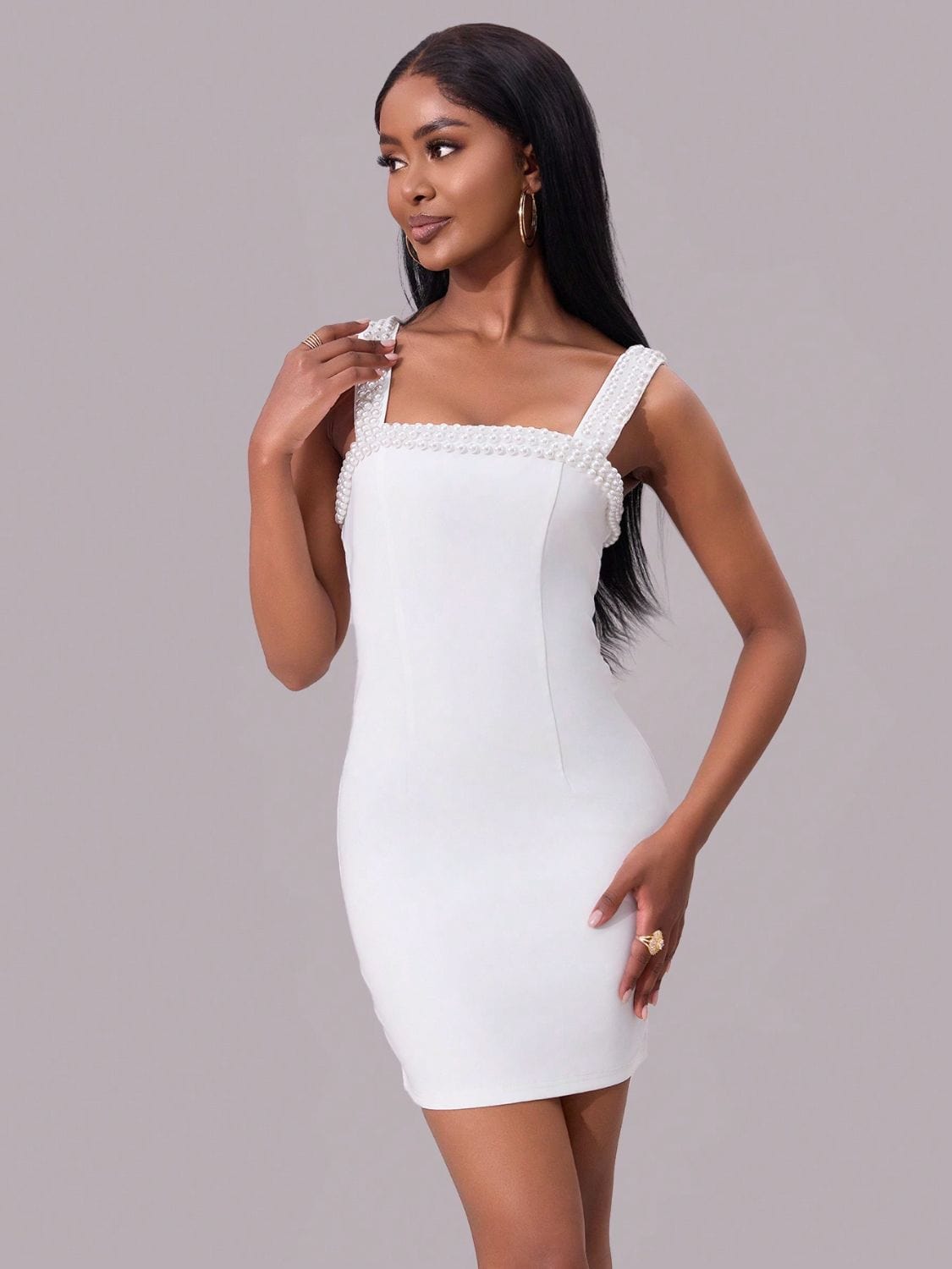 Trendsi White / S Pearl Detail Square Neck Wide Strap Mini Dress 100100943261660 Pearl Detail Square Neck Wide Strap Mini Dress Apparel &amp; Accessories &gt; Clothing &gt; Dresses