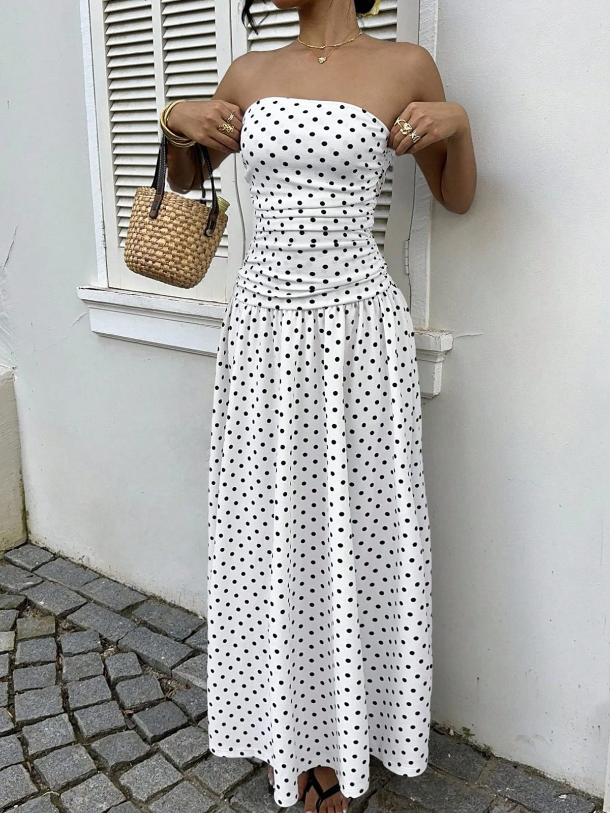 Trendsi White / S Polka Dot Ruched Strapless Maxi Dress 100100571591283 Polka Dot Ruched Strapless Maxi Dress Apparel & Accessories > Clothing > Dresses