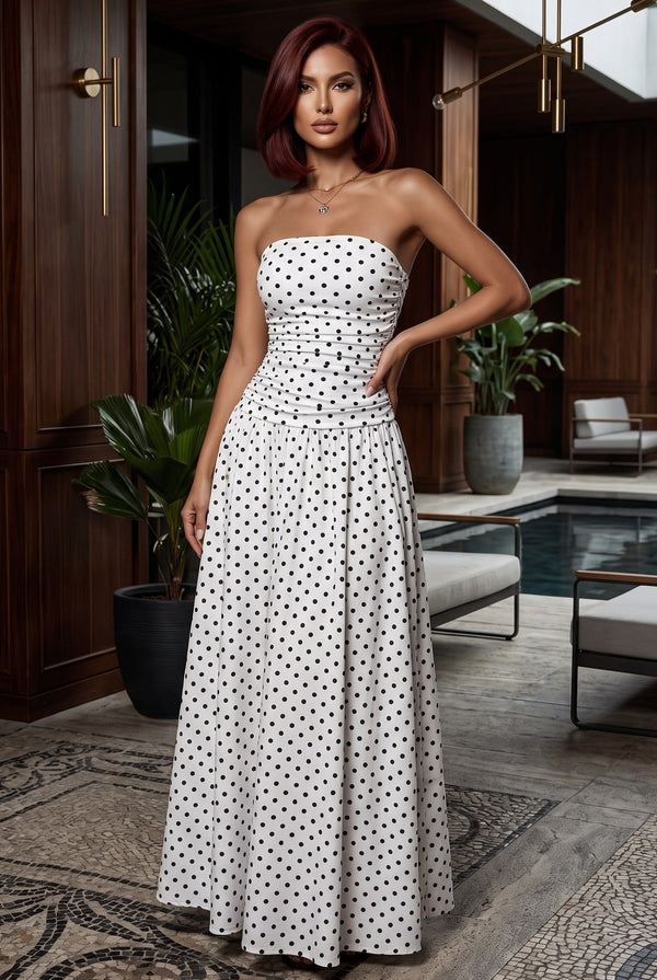 Trendsi White / S White & Black Polka Dot Ruched Strapless Maxi Dress 100100571591283 White & Black Polka Dot Ruched Strapless Maxi Dress | Sexy Apparel & Accessories > Clothing > Dresses