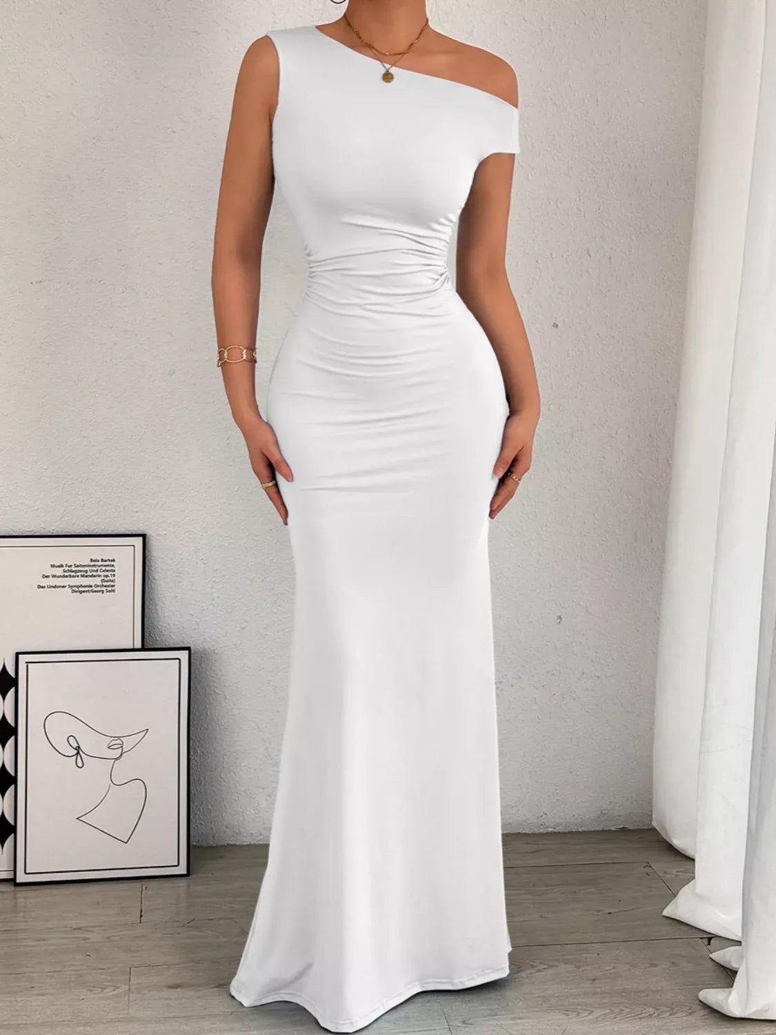 Trendsi White / XS One-Shoulder Ruched Bodycon Maxi Dress 100100605435226 One-Shoulder Ruched Bodycon Maxi Dress Apparel & Accessories > Clothing > Dresses