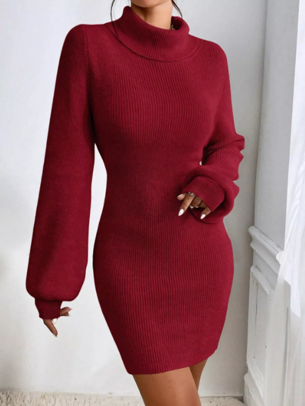 Trendsi Wine Red / S Turtleneck Ribbed Knit Sweater Dress 100100853638982 Turtleneck Ribbed Knit Sweater Dress Apparel & Accessories > Clothing > Dresses