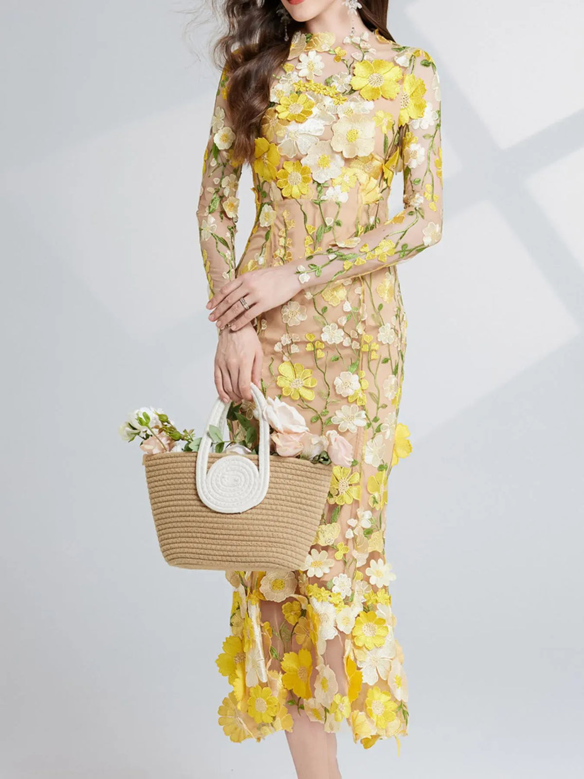 Trendsi Yellow / S Floral Embroidered Mesh Long Sleeve Midi Dress 100100401989614 Floral Embroidered Mesh Long Sleeve Midi Dress Apparel & Accessories > Clothing > Dresses