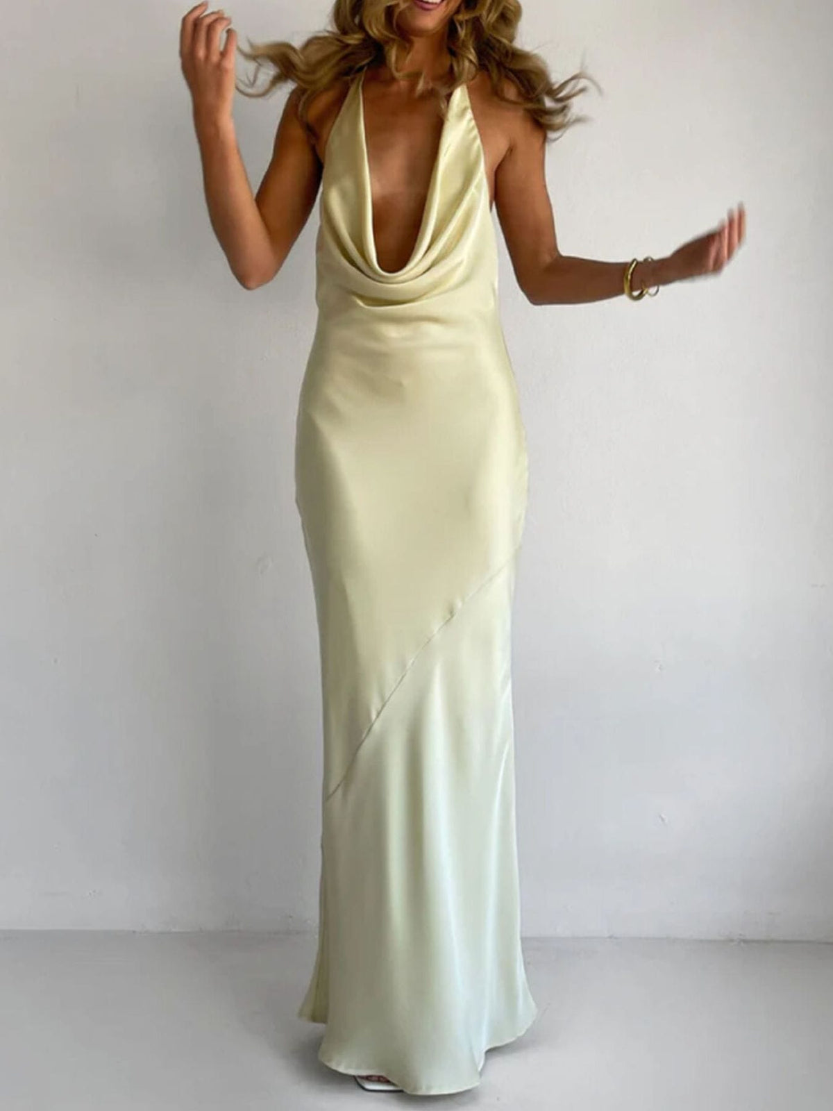 Trendsi Yellow / S Halter Neck Satin Maxi Dress 100100325034808 Halter Neck Satin Maxi Dress Apparel & Accessories > Clothing > Dresses