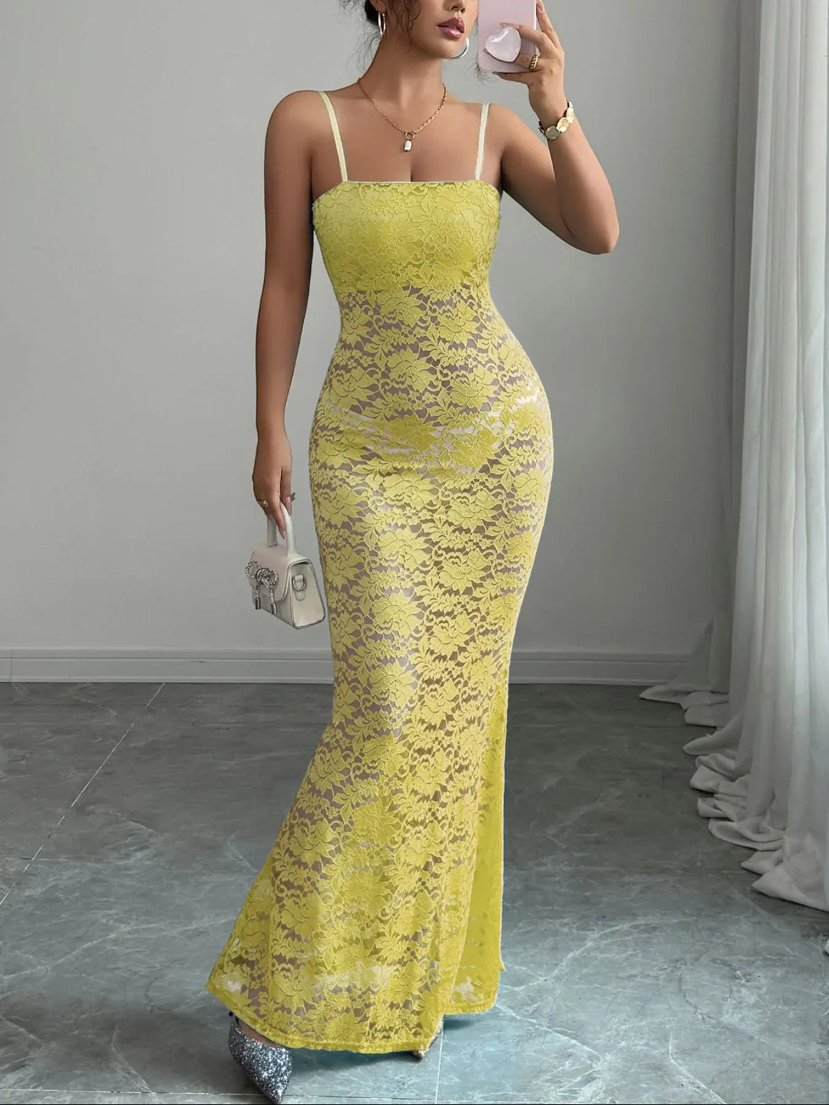 Trendsi Yellow / S Lace Square Neck Maxi Cami Dress 100100203324848 Lace Square Neck Maxi Cami Dress Apparel & Accessories > Clothing > Dresses