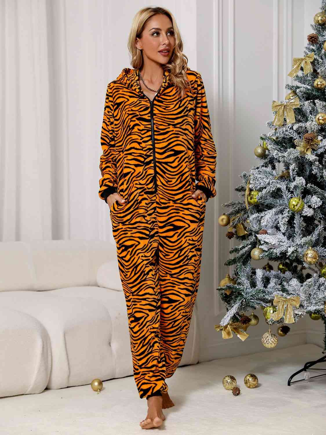 Trendsi Zebra / S Animal Print  Zip Front Lounge Jumpsuit with Pockets 100101888624023 Apparel &amp; Accessories &gt; Clothing &gt; Dresses