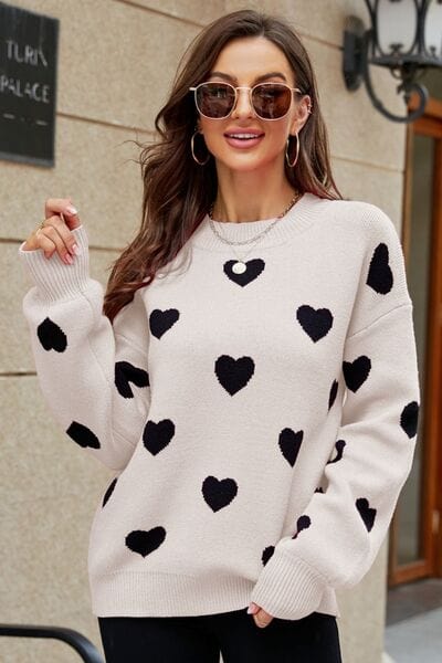 Trendsi Beige/Black / S Woven Right Heart Pattern Lantern Sleeve Round Neck Tunic Sweater 100100388260271 Apparel &amp; Accessories &gt; Clothing &gt; Shirt &amp; Tops