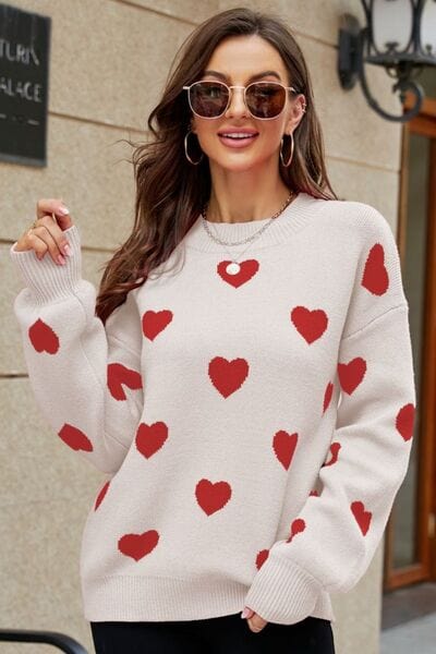 Trendsi Beige/Red / S Woven Right Heart Pattern Lantern Sleeve Round Neck Tunic Sweater 100100388268415 Apparel &amp; Accessories &gt; Clothing &gt; Shirt &amp; Tops