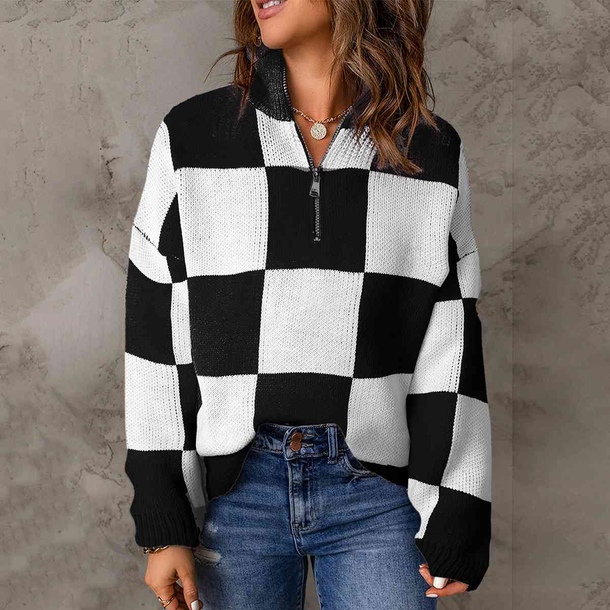 Trendsi Black / S Checkered Half Zip Long Sleeve Sweater 100100226635073 Apparel &amp; Accessories &gt; Clothing &gt; Shirt &amp; Tops