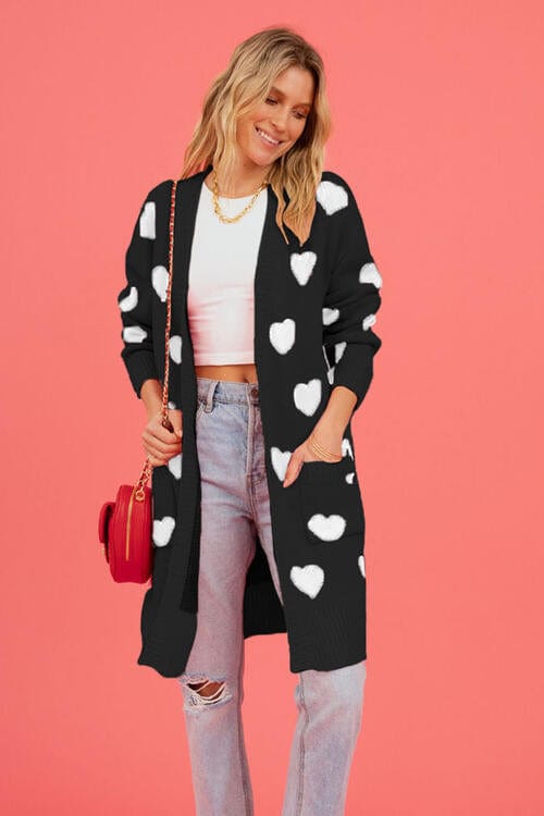 Trendsi Black / S Heart Graphic Open Front Cardigan with Pockets 100100816962519 Apparel &amp; Accessories &gt; Clothing &gt; Shirt &amp; Tops