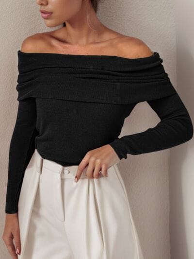 Trendsi Black / S Off-Shoulder Long Sleeve Sweater 100100134521085 Apparel &amp; Accessories &gt; Clothing &gt; Shirt &amp; Tops