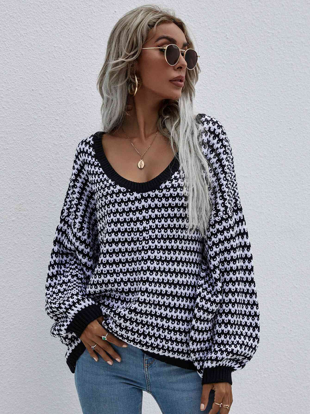 Trendsi Black / S Striped Drop Shoulder V-Neck Pullover Sweater 100100643657851 Apparel &amp; Accessories &gt; Clothing &gt; Shirt &amp; Tops