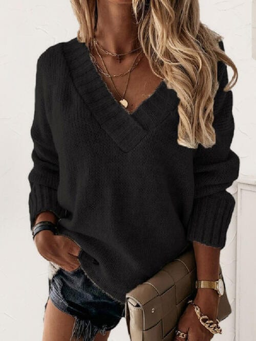 Trendsi Black / S V-Neck Long Sleeve Knit Top 100100287471091 Apparel &amp; Accessories &gt; Clothing &gt; Shirt &amp; Tops