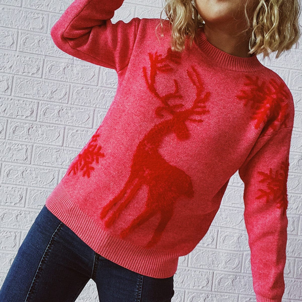 Trendsi Blush Pink Reindeer and Snowflake Pattern Women&#39;s Christmas Holiday Sweater Blush Pink Reindeer &amp; Snowflake Women&#39;s Christmas Holiday Sweater Apparel &amp; Accessories &gt; Clothing &gt; Shirt &amp; Tops