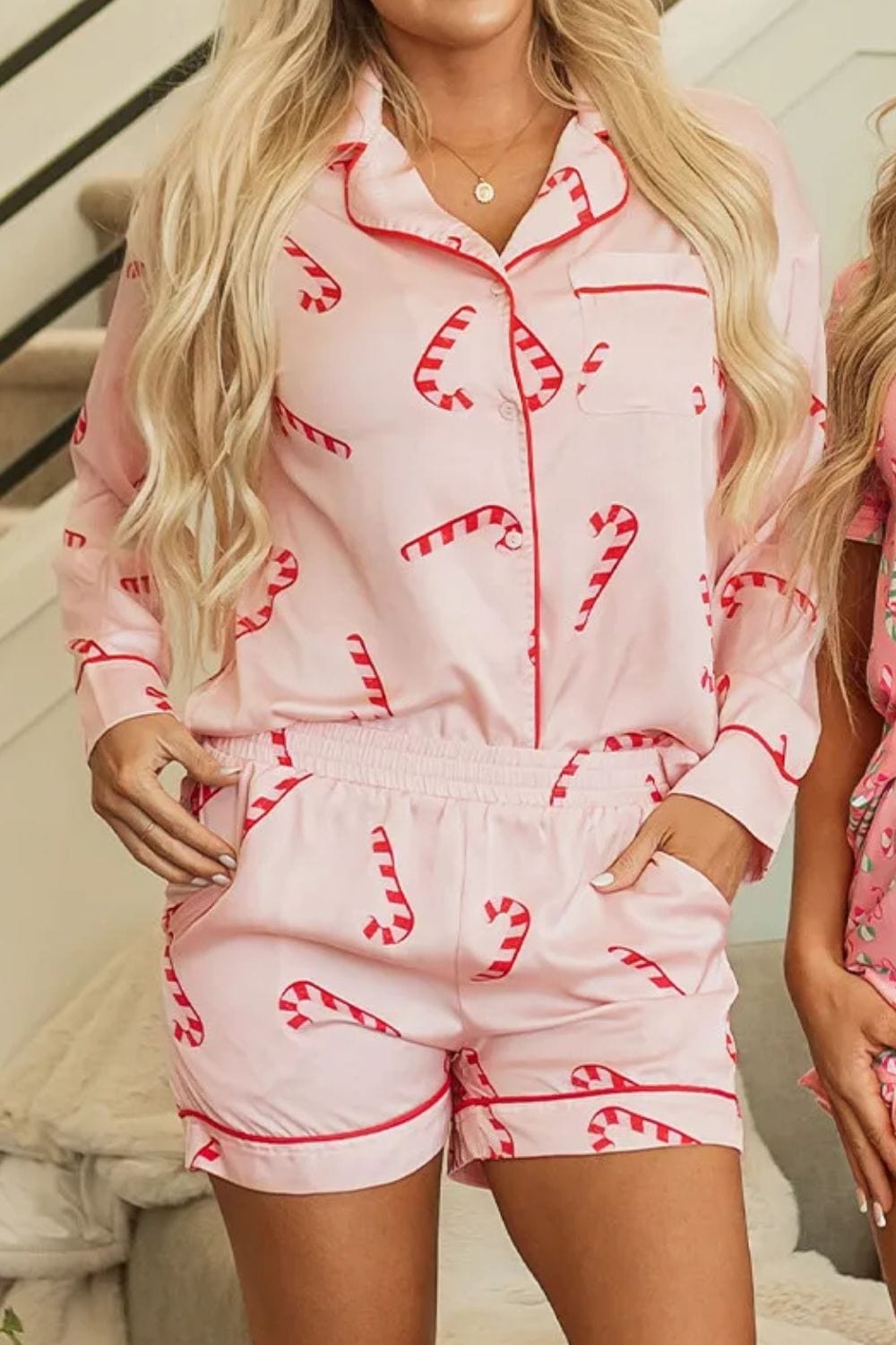 Trendsi Blush Pink / S Candy Cane Collared Neck Long Sleeve Top &amp; Shorts Lounge Women&#39;s Pajama Set 100100989631040 Candy Cane Christmas Top &amp; Shorts Lounge Women&#39;s Pajama Set Apparel &amp; Accessories &gt; Clothing &gt; Shirt &amp; Tops