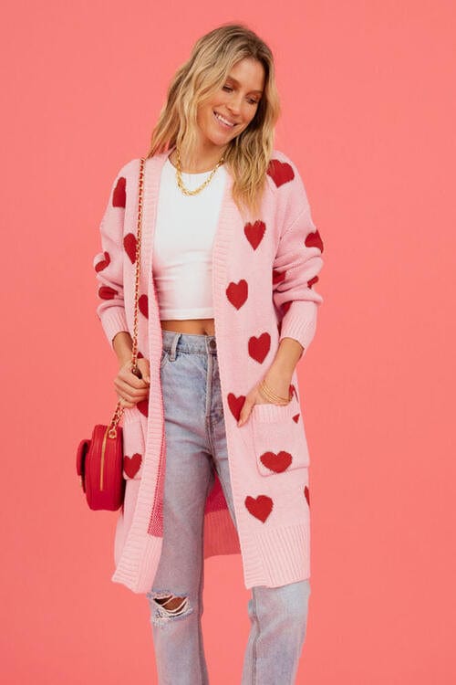 Trendsi Blush Pink / S Heart Graphic Open Front Cardigan with Pockets 100100816967509 Apparel &amp; Accessories &gt; Clothing &gt; Shirt &amp; Tops