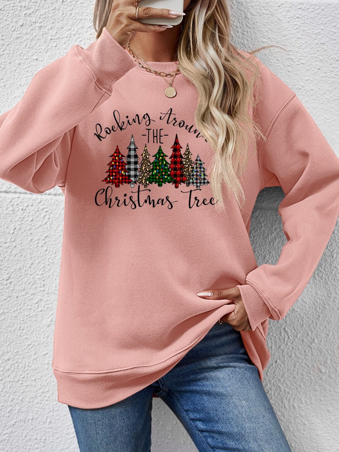 Trendsi Blush Pink / S Orange w/ Christmas Tree Graphic Round Neck Women&#39;s Sweatshirt 100101074017871 Orange w/ Christmas Tree Graphic Round Neck Women&#39;s Sweatshirt Apparel &amp; Accessories &gt; Clothing &gt; Shirt &amp; Tops