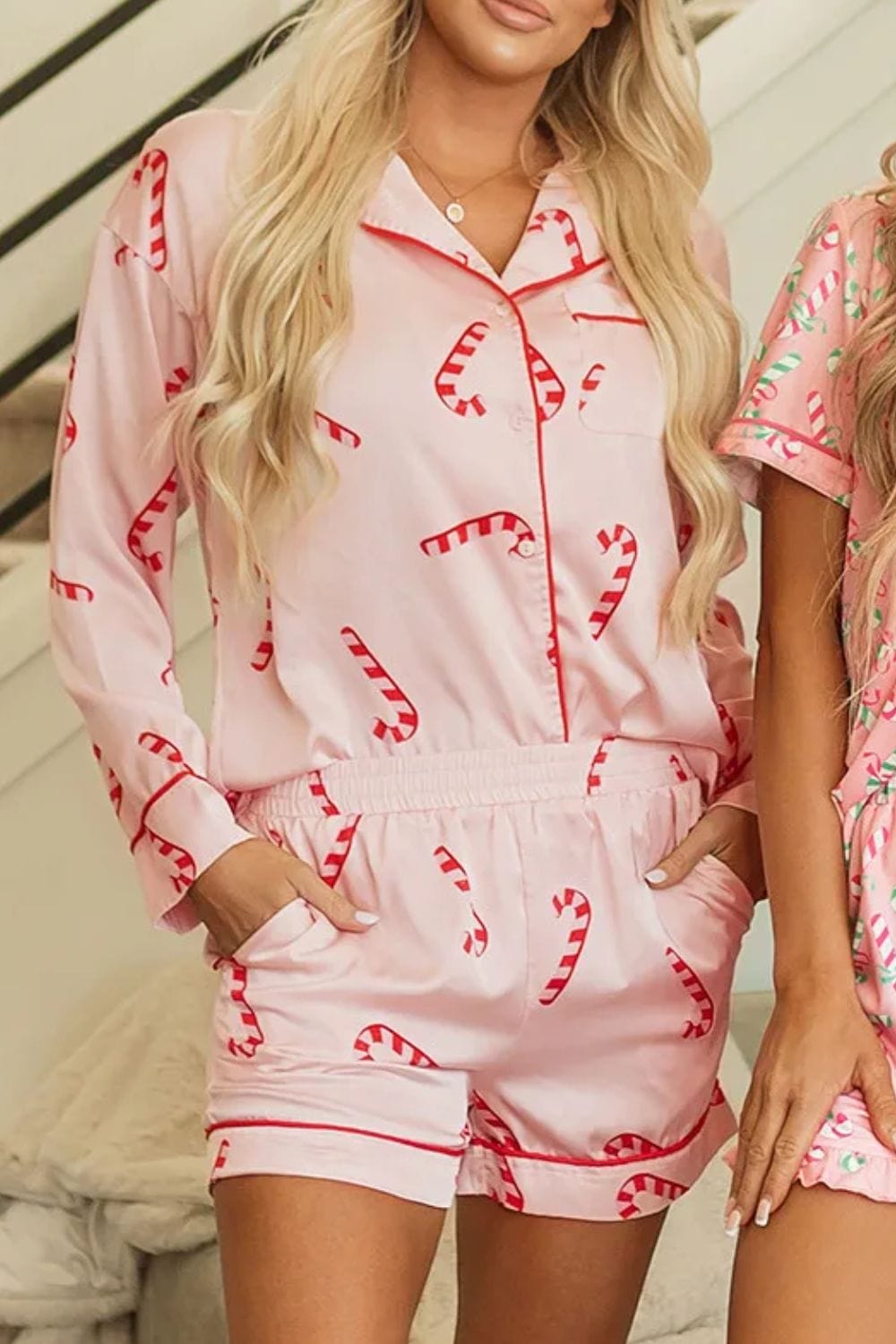 Trendsi Candy Cane Collared Neck Long Sleeve Top &amp; Shorts Lounge Women&#39;s Pajama Set Candy Cane Christmas Top &amp; Shorts Lounge Women&#39;s Pajama Set Apparel &amp; Accessories &gt; Clothing &gt; Shirt &amp; Tops