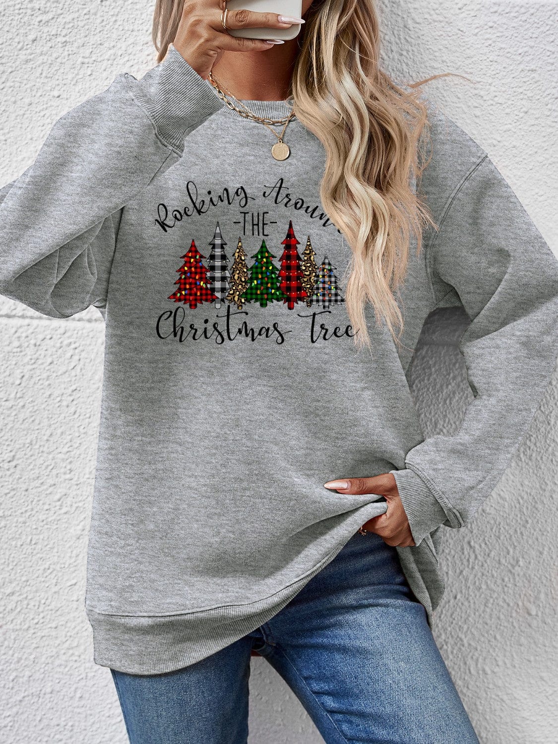 Trendsi Charcoal / S Orange w/ Christmas Tree Graphic Round Neck Women&#39;s Sweatshirt 100101074014234 Orange w/ Christmas Tree Graphic Round Neck Women&#39;s Sweatshirt Apparel &amp; Accessories &gt; Clothing &gt; Shirt &amp; Tops