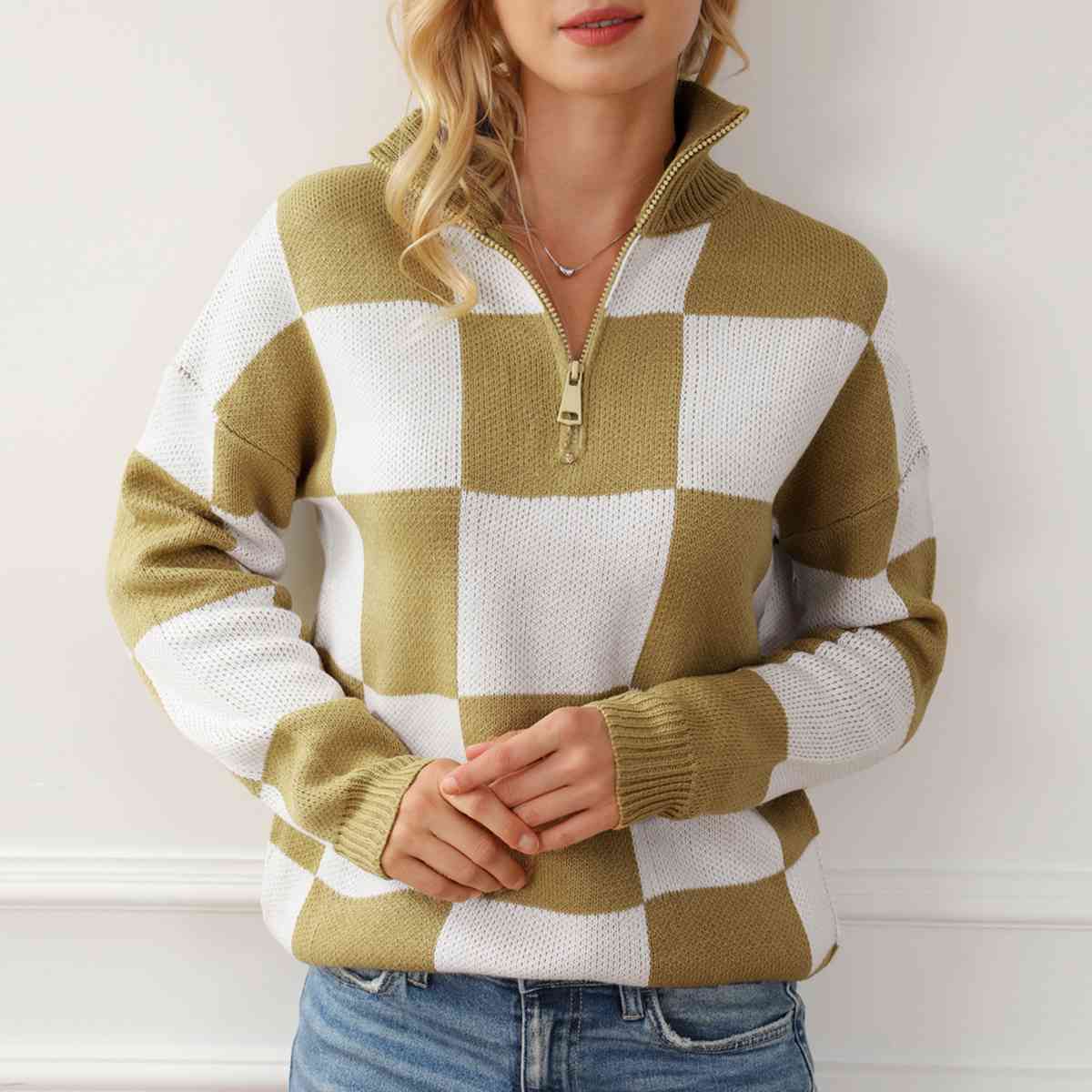Trendsi Chartreuse / S Checkered Half Zip Long Sleeve Sweater 100100226635195 Apparel &amp; Accessories &gt; Clothing &gt; Shirt &amp; Tops