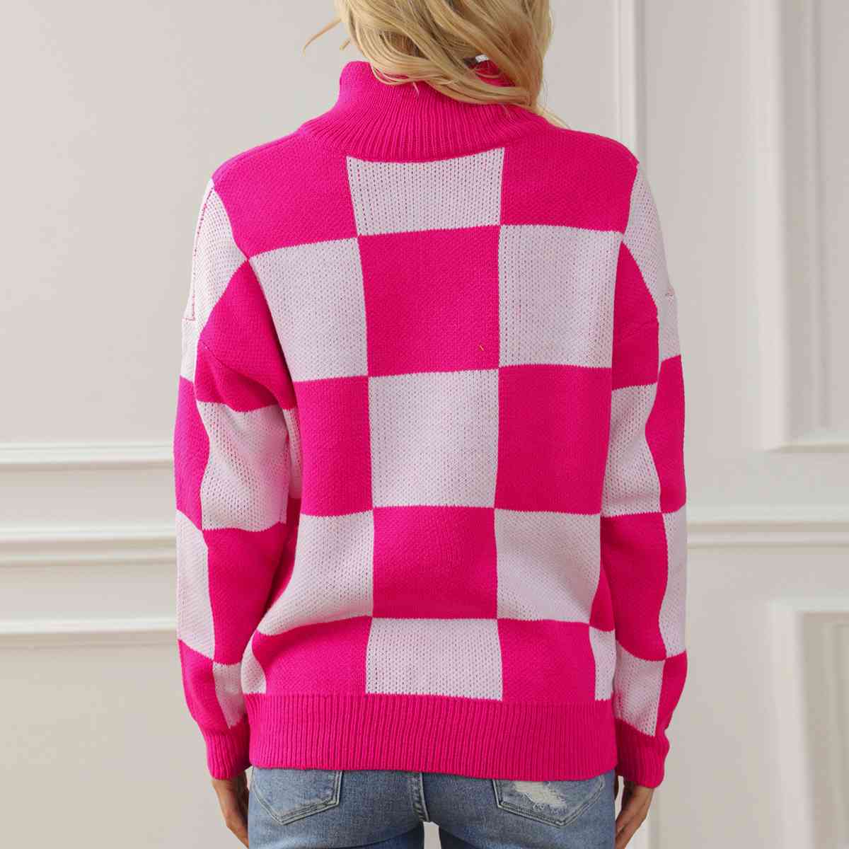 Trendsi Hot Pink / S Checkered Half Zip Long Sleeve Sweater 100100226637920 Apparel & Accessories > Clothing > Shirt & Tops
