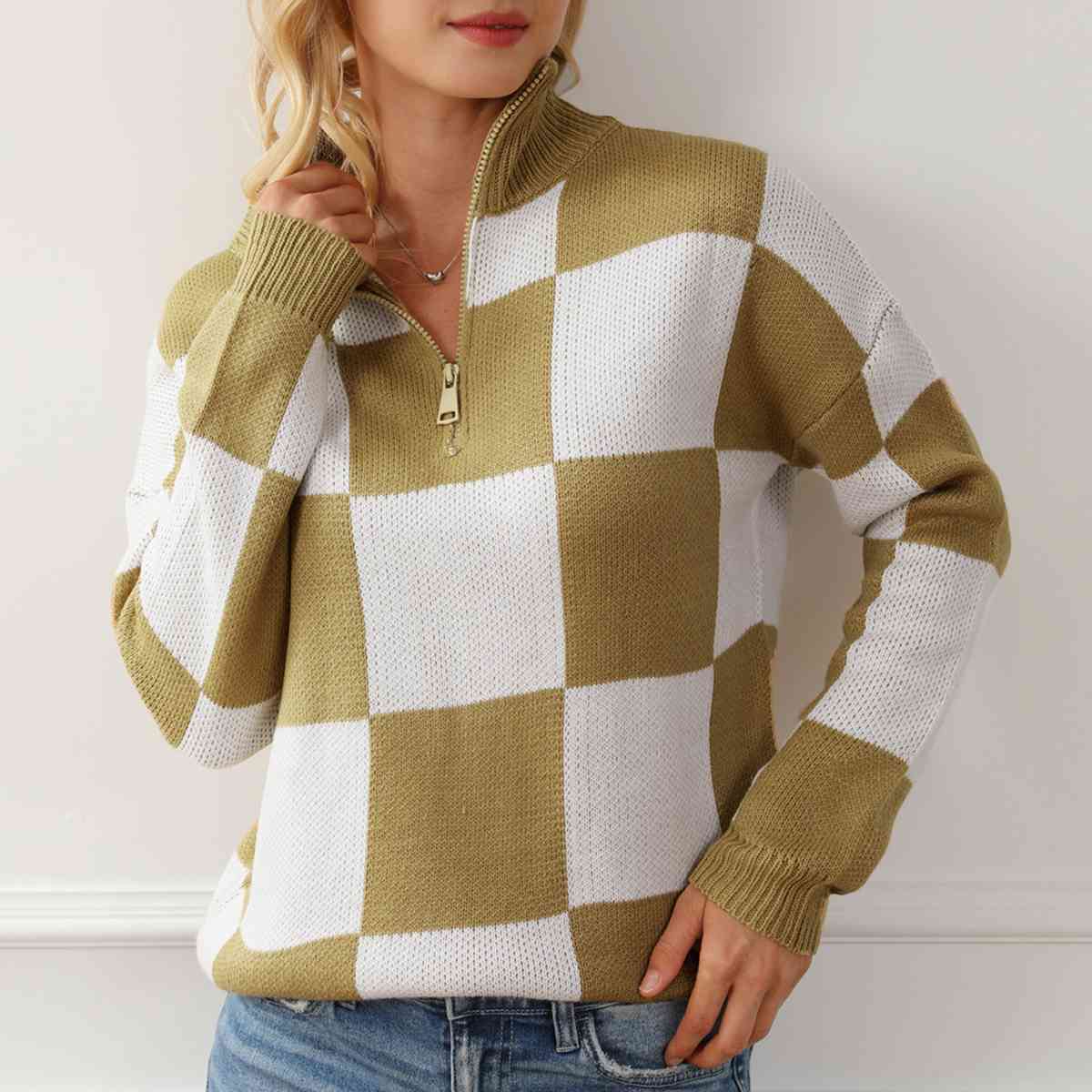 Trendsi Checkered Half Zip Long Sleeve Sweater Apparel &amp; Accessories &gt; Clothing &gt; Shirt &amp; Tops