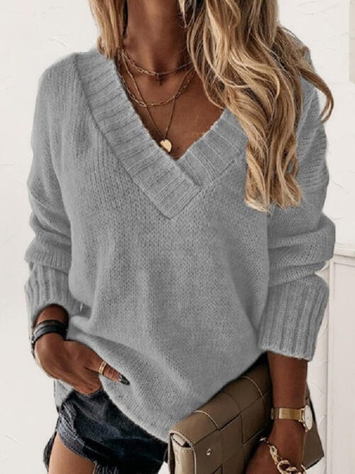 Trendsi Cloudy Blue / S V-Neck Long Sleeve Knit Top 100100287476906 Apparel &amp; Accessories &gt; Clothing &gt; Shirt &amp; Tops
