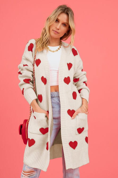 Trendsi Cream / S Heart Graphic Open Front Cardigan with Pockets 100100816960156 Apparel &amp; Accessories &gt; Clothing &gt; Shirt &amp; Tops