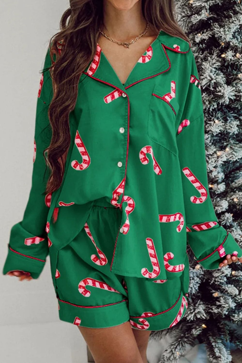 Trendsi Dark Green / S Candy Cane Collared Neck Long Sleeve Top &amp; Shorts Lounge Women&#39;s Pajama Set 100100989636361 Candy Cane Christmas Top &amp; Shorts Lounge Women&#39;s Pajama Set Apparel &amp; Accessories &gt; Clothing &gt; Shirt &amp; Tops