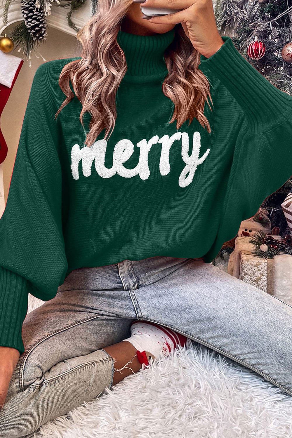 Trendsi Dark Green / S/M Dark Green &quot;Merry&quot; Christmas Holiday Turtleneck Long Sleeve Women&#39;s Sweater 100100178471274 Dark Green &quot;Merry&quot; Christmas Holiday Turtleneck Women&#39;s Sweater Apparel &amp; Accessories &gt; Clothing &gt; Shirt &amp; Tops