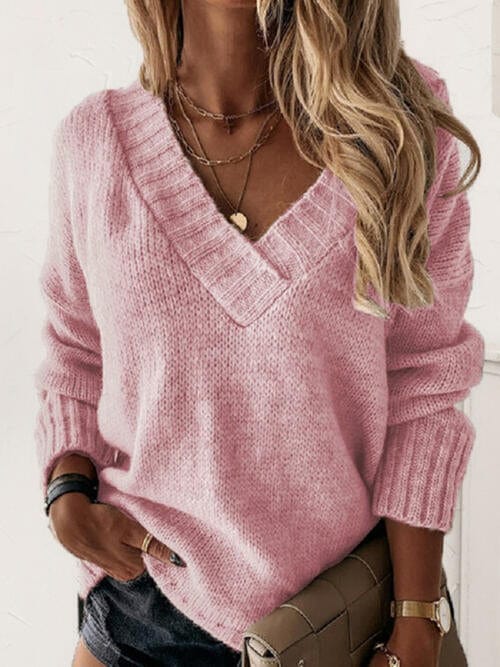 Trendsi Dusty Pink / S V-Neck Long Sleeve Knit Top 100100287477938 Apparel &amp; Accessories &gt; Clothing &gt; Shirt &amp; Tops