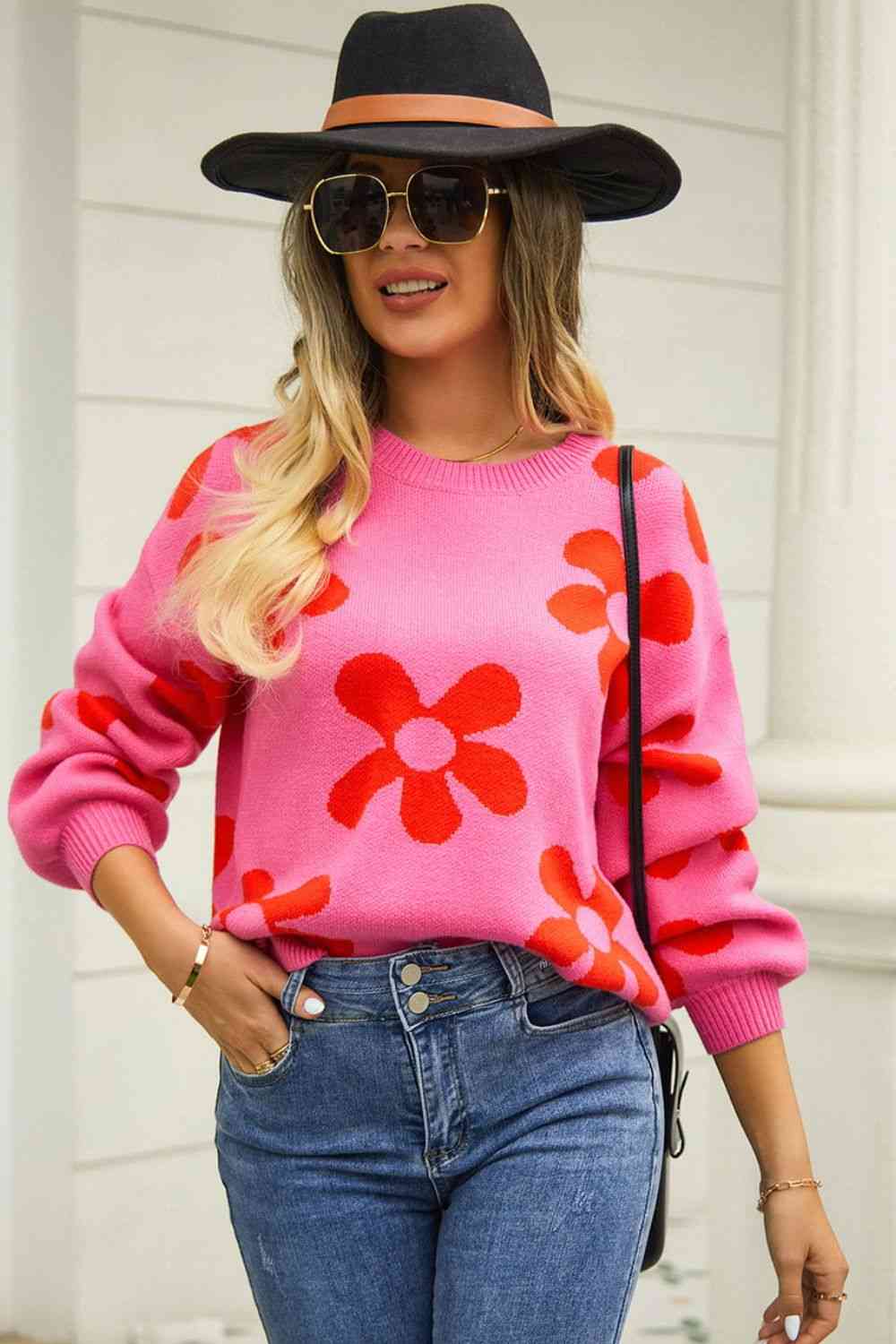 Trendsi Floral Print Round Neck Dropped Shoulder Pullover Sweater Apparel &amp; Accessories &gt; Clothing &gt; Shirt &amp; Tops