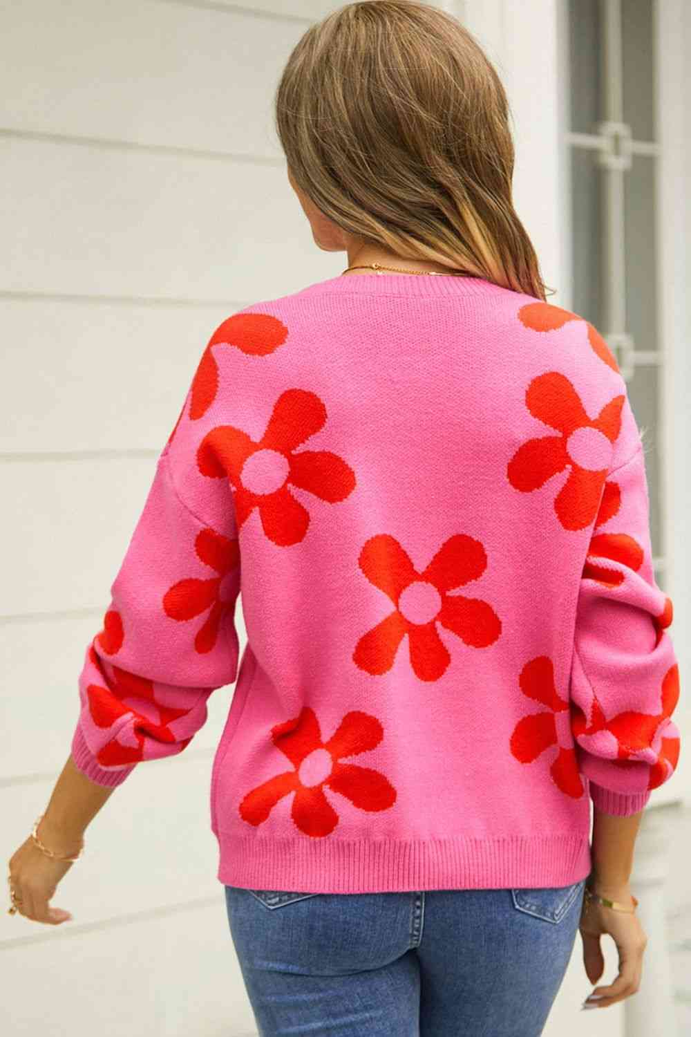 Trendsi Floral Print Round Neck Dropped Shoulder Pullover Sweater Apparel &amp; Accessories &gt; Clothing &gt; Shirt &amp; Tops