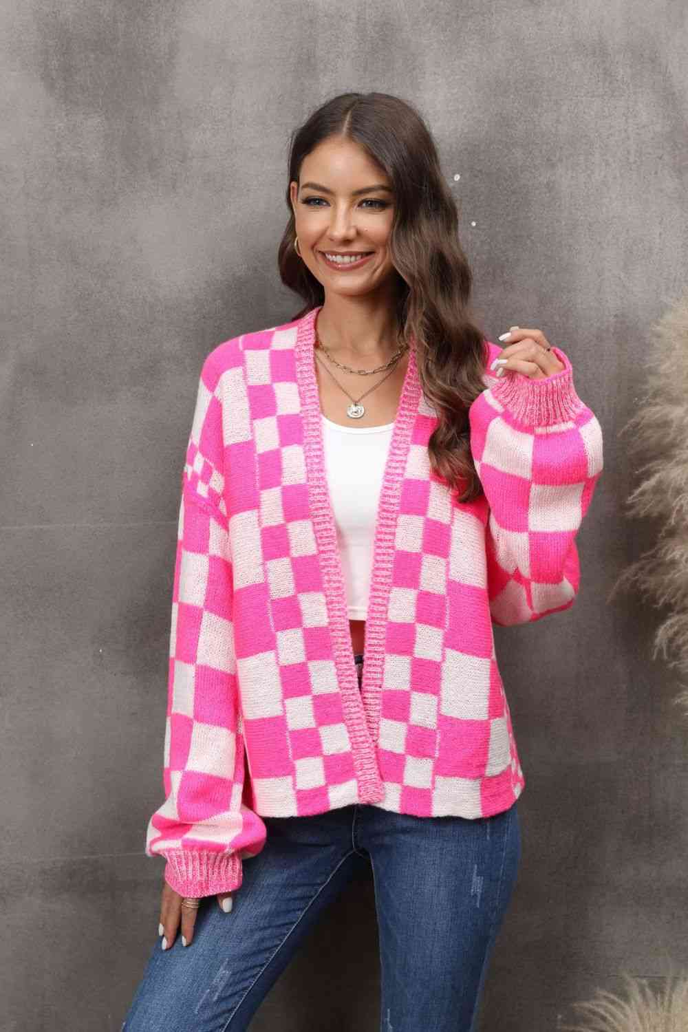 Trendsi Fuchsia/White / S Checkered Open Front Drop Shoulder Cardigan 100100256168029 Apparel &amp; Accessories &gt; Clothing &gt; Shirt &amp; Tops