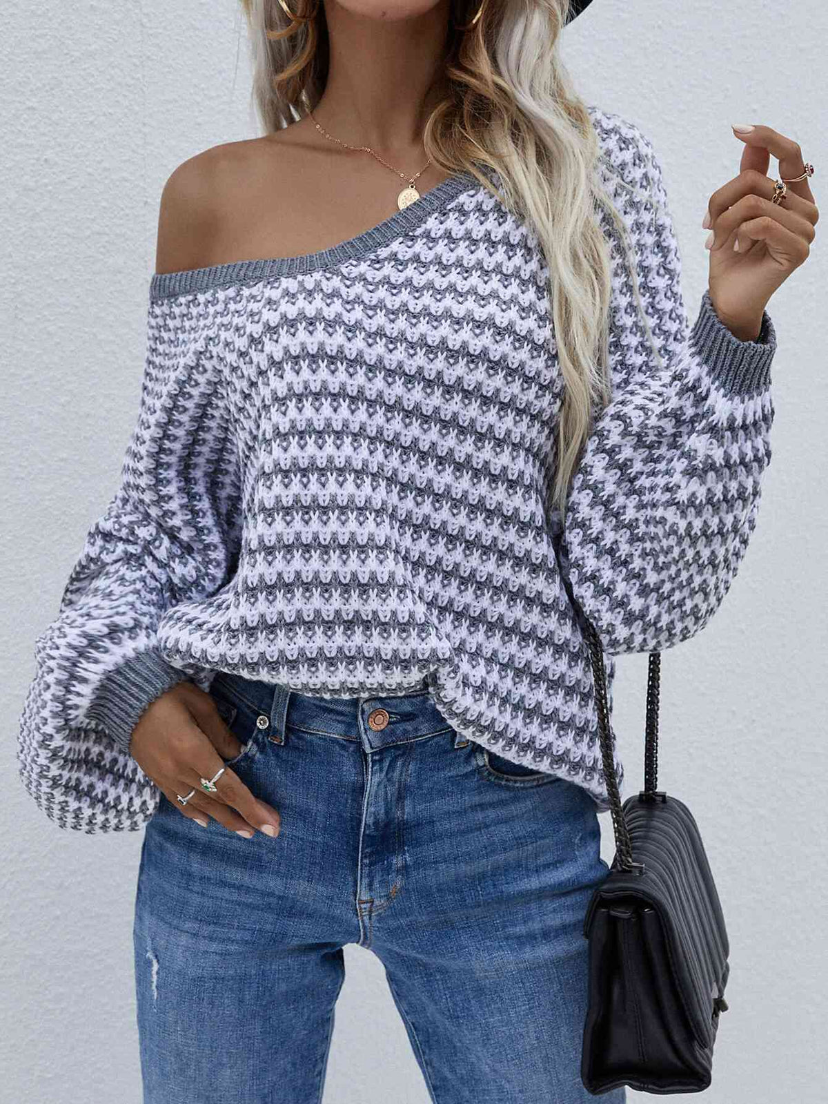 Trendsi Gray / S Striped Drop Shoulder V-Neck Pullover Sweater 100100643654179 Apparel &amp; Accessories &gt; Clothing &gt; Shirt &amp; Tops
