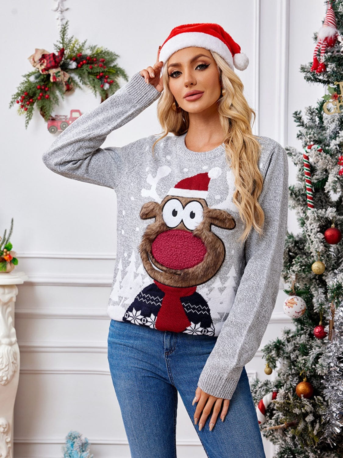 Trendsi Grey Rudolph Reindeer Round Neck Long Sleeve Women&#39;s Christmas Sweater Grey Rudolph Reindeer Round Neck Women&#39;s Christmas Sweater Apparel &amp; Accessories &gt; Clothing &gt; Shirt &amp; Tops