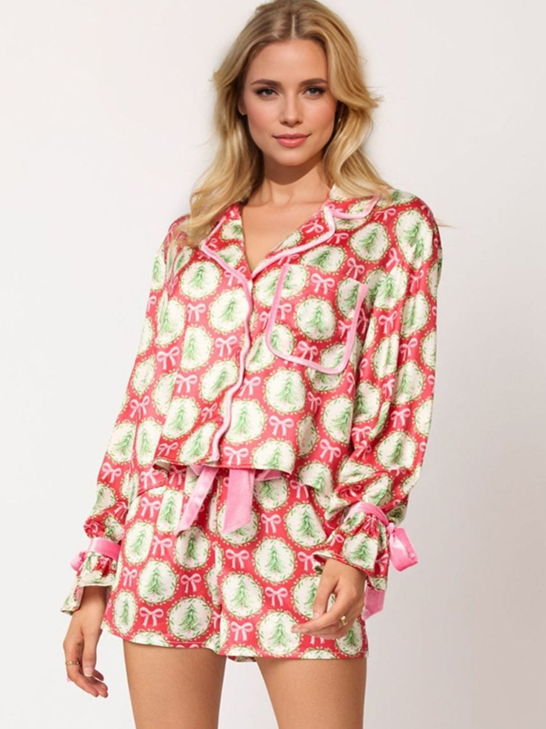 Trendsi Gum Leaf / S Pink Christmas Holiday Printed Collared Neck Long Sleeve Top &amp; Shorts Women&#39;s Pajamas 100100312131671 Pink Christmas Holiday Print Collared Top Shorts Women&#39;s Pajamas Apparel &amp; Accessories &gt; Clothing &gt; Shirt &amp; Tops