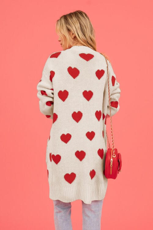 Trendsi Cream / S Heart Graphic Open Front Cardigan with Pockets 100100816960156 Apparel & Accessories > Clothing > Shirt & Tops