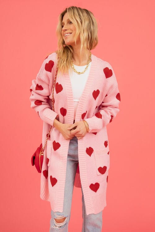 Trendsi Heart Graphic Open Front Cardigan with Pockets Apparel &amp; Accessories &gt; Clothing &gt; Shirt &amp; Tops
