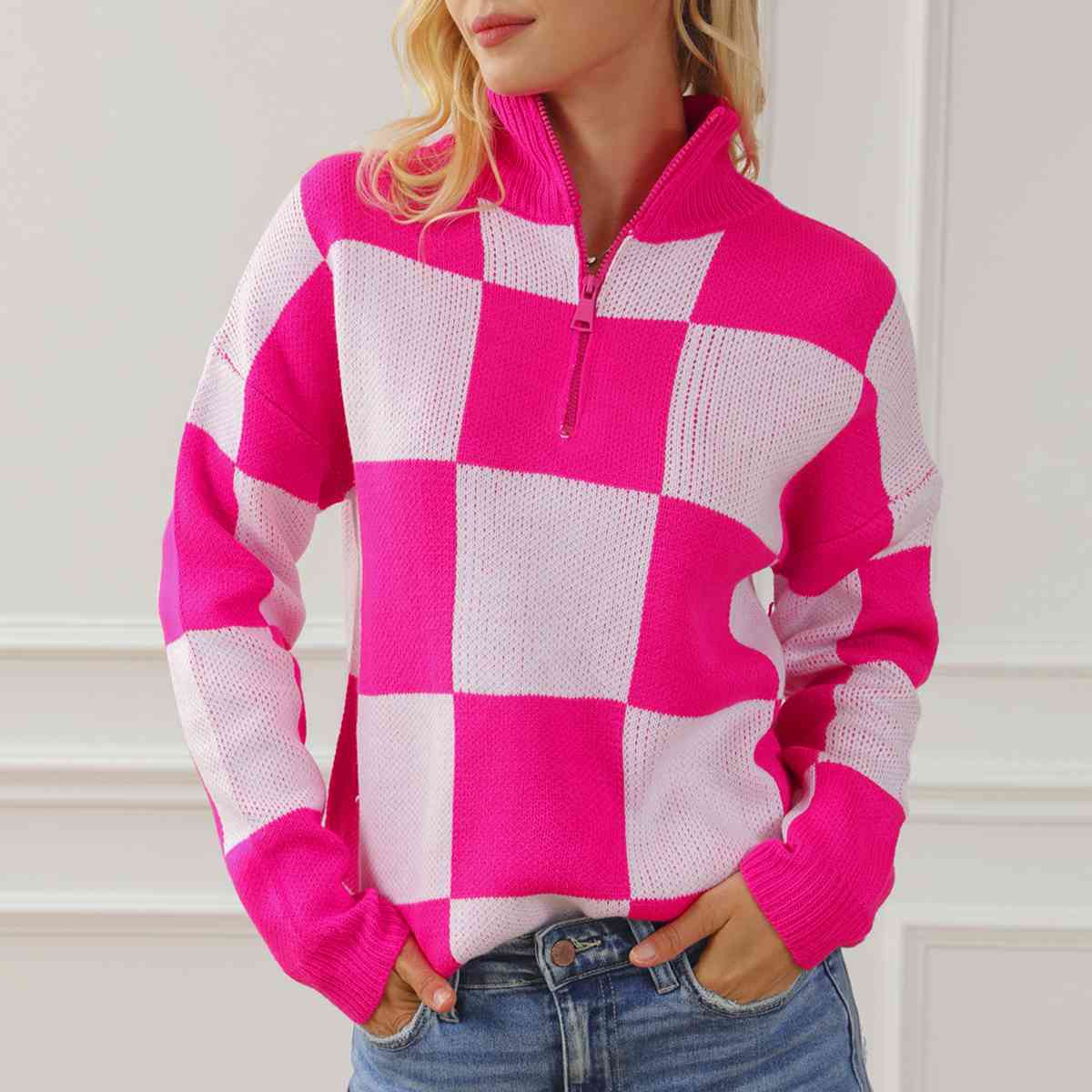 Trendsi Hot Pink / S Checkered Half Zip Long Sleeve Sweater 100100226637920 Apparel &amp; Accessories &gt; Clothing &gt; Shirt &amp; Tops
