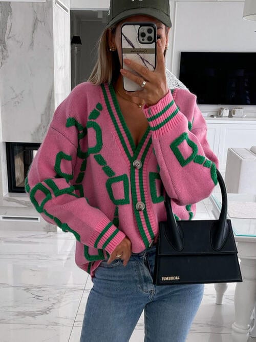 Trendsi Hot Pink / S Geometric Dropped Shoulder Button Down Cardigan 100100175406674 Apparel & Accessories > Clothing > Shirt & Tops