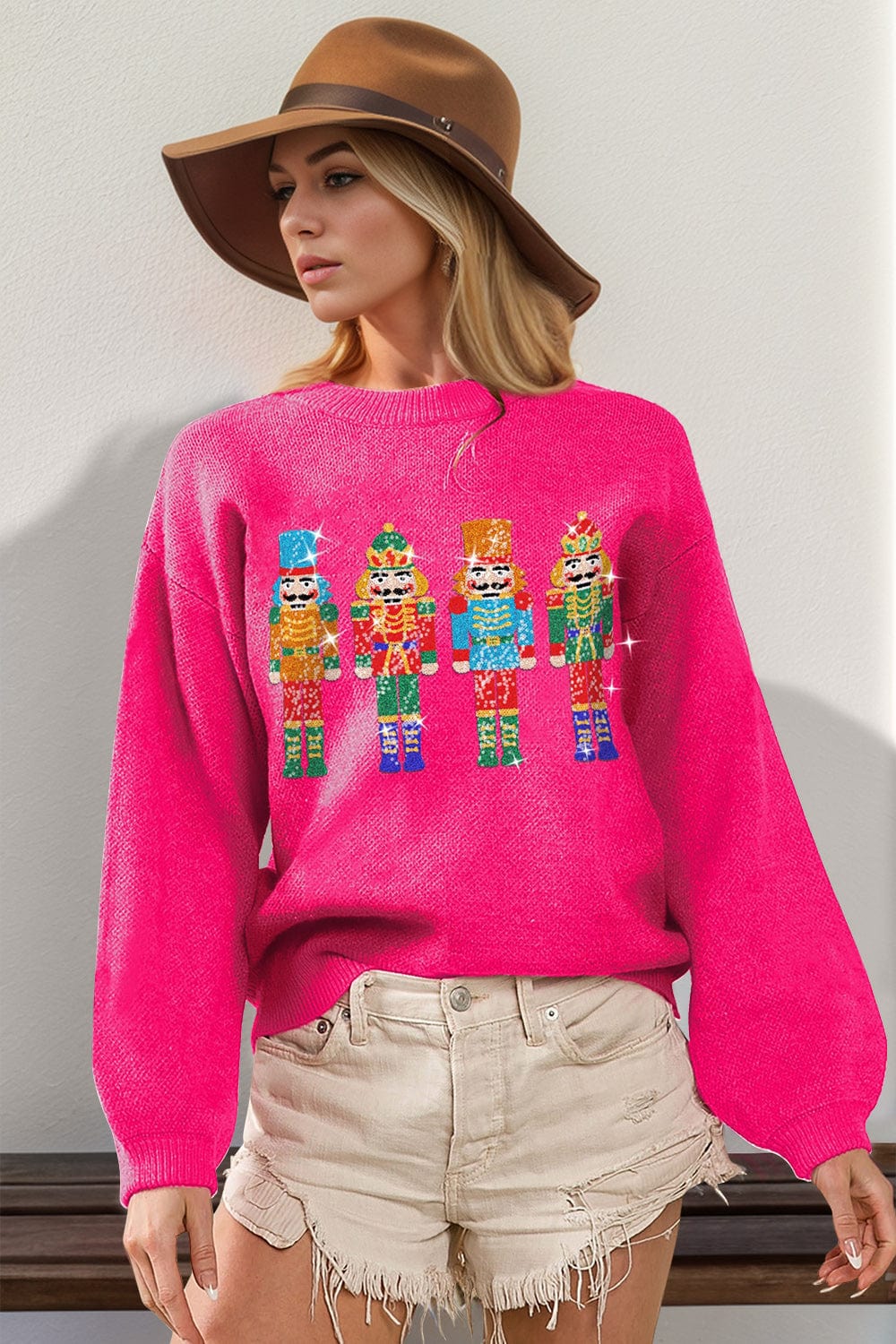 Trendsi Hot Pink / S/M Hot Pink Double Take Sequin Nutcracker Long Sleeve Sweater (Also Plus Size) 100100928471219 Hot Pink Double Take Sequin Nutcracker Sweater (Also Plus Size) Apparel &amp; Accessories &gt; Clothing &gt; Shirt &amp; Tops